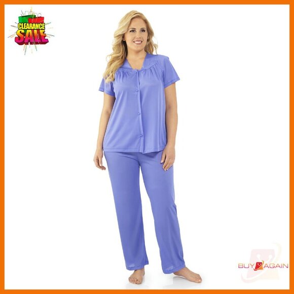 Soft Nylon Pajama Set with Floral Embroidery Short Sleeve & Elastic Waistband